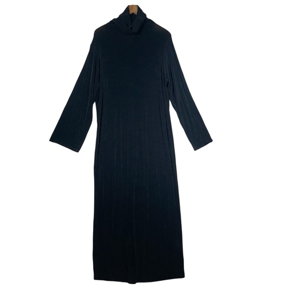 Draped Maxi Dress Cowl Mock Linda Lundstrom Black LG Classic Chic Ribbed Witchy - Picture 1 of 11